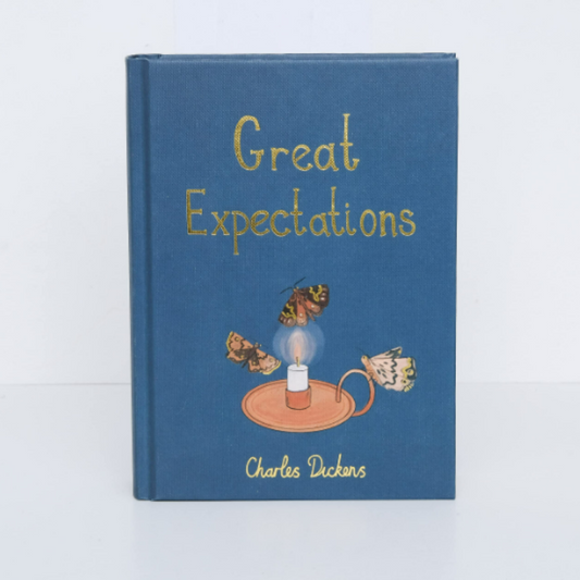 Book titled 'Great Expectations' by Charles Dickens with a blue cover and gold text.