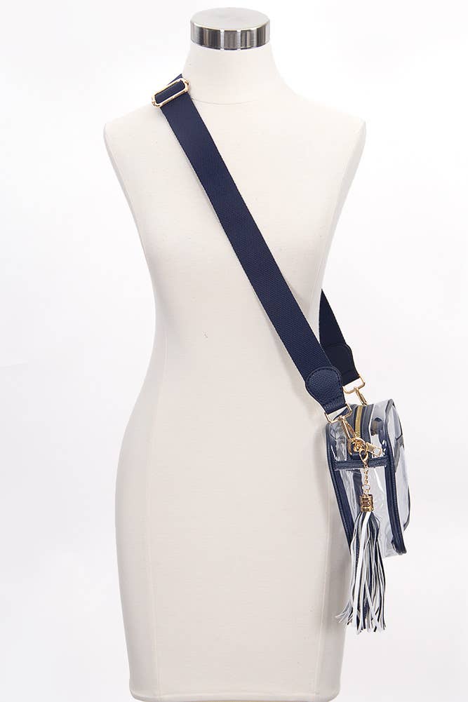 Navy crossbody bag with clear pouch on a mannequin against a white background