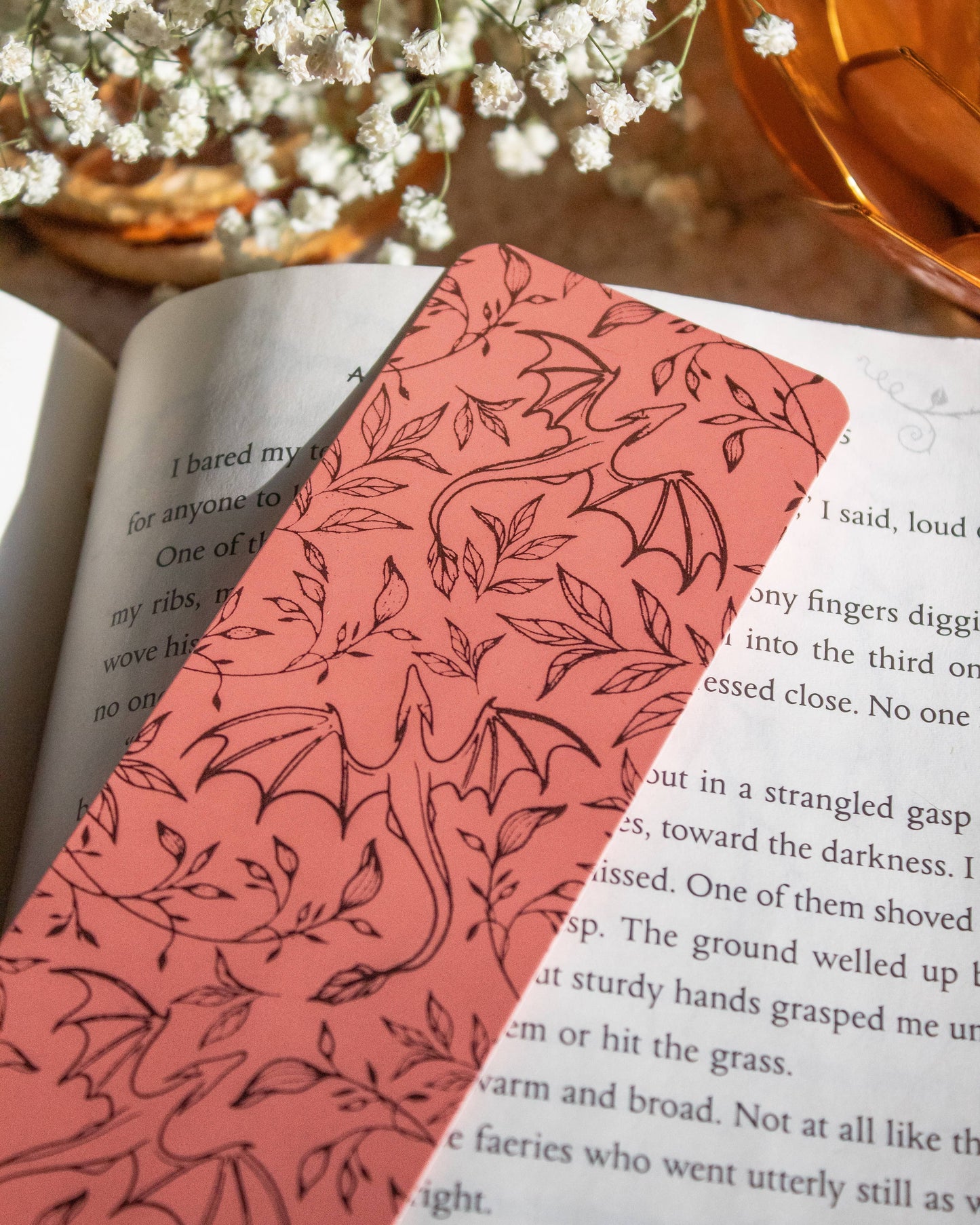 Rose Gold & Coral Floral Dragons Bookmark