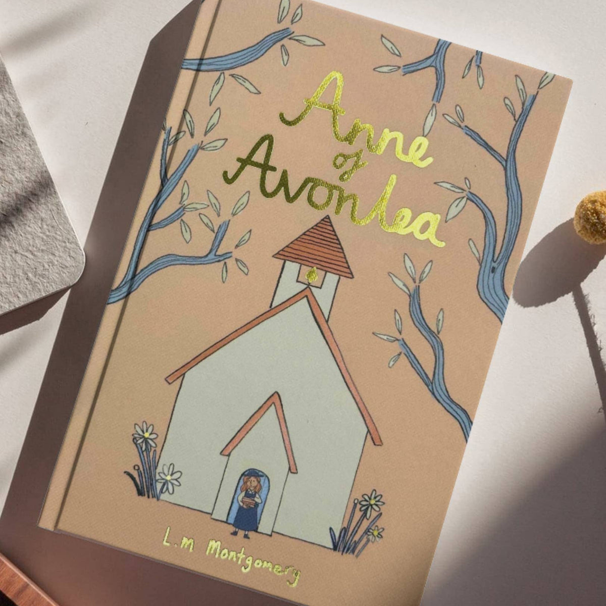 Book titled 'Anne of Avonlea' by L.M. Montgomery on a white surface with a wooden edge.