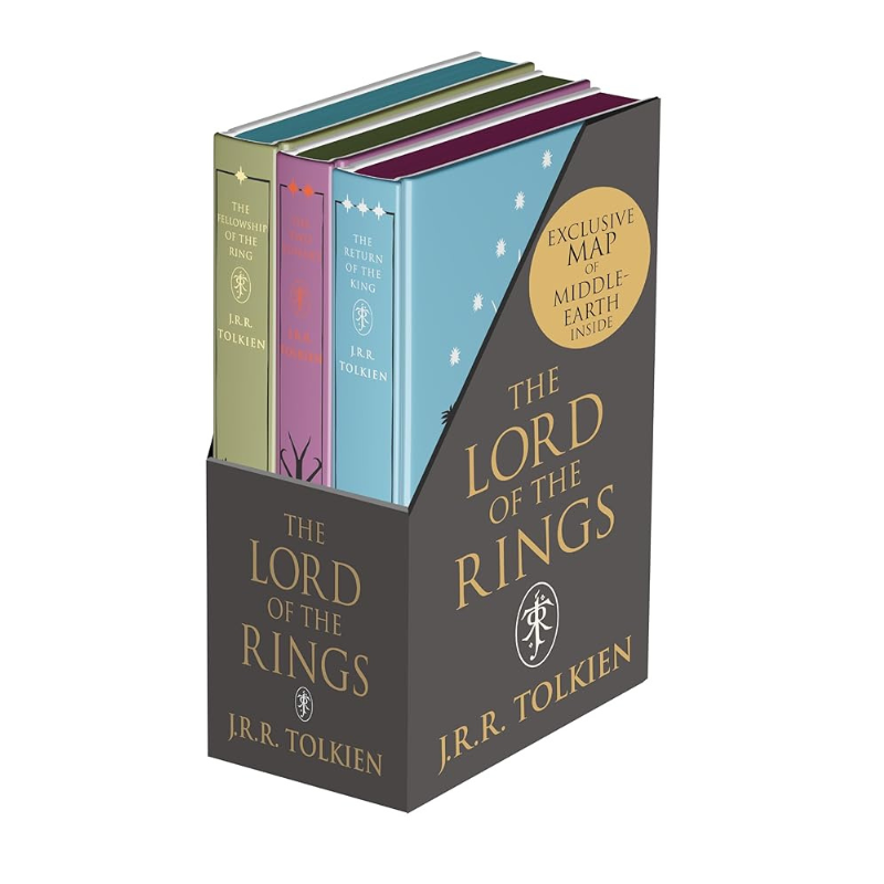 Box set of 'The Lord of the Rings' books with map on a white background