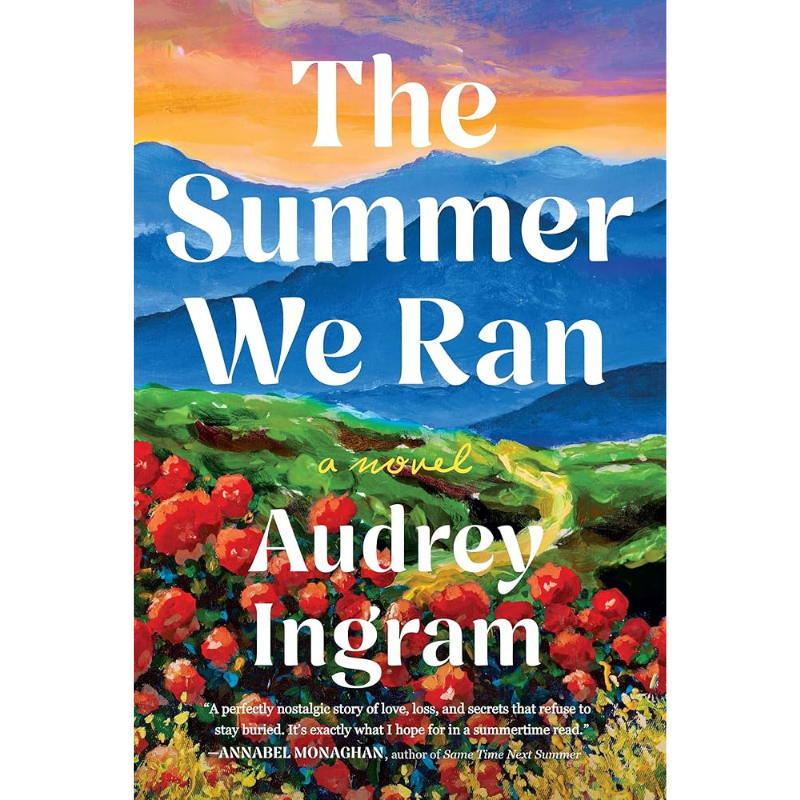 book cover featuring mountains and flowers in bold colors