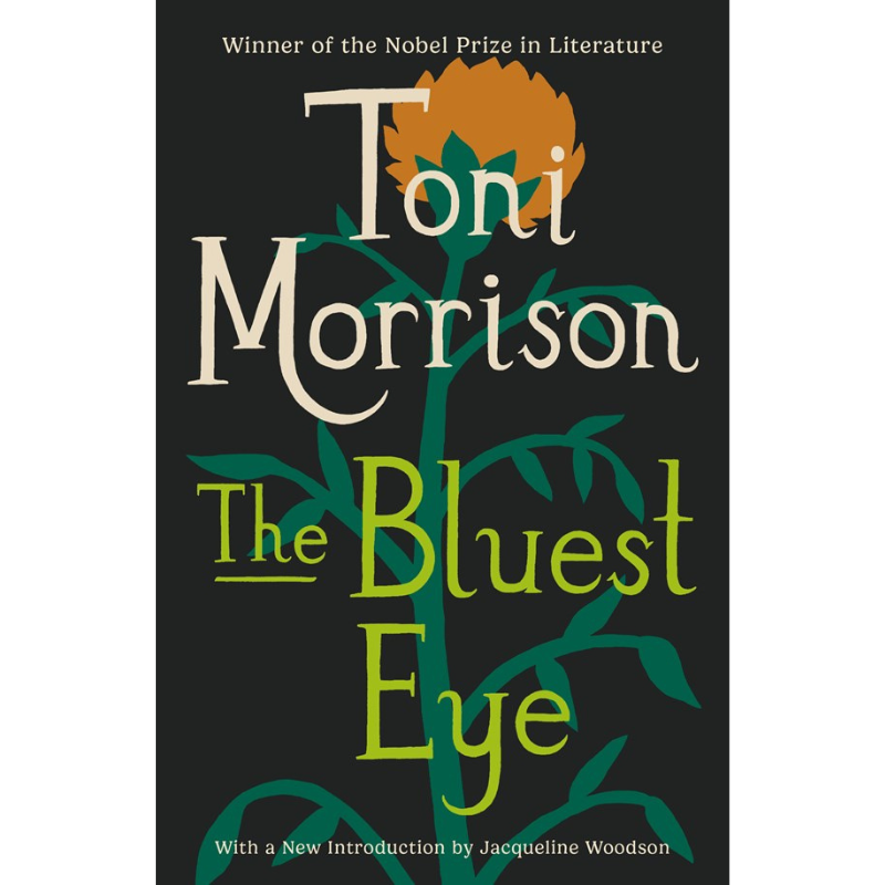 Book cover of Toni Morrison's 'The Bluest Eye' featuring a dark charcoal background, stylized cream and lime green typography, and a central orange flower illustration.