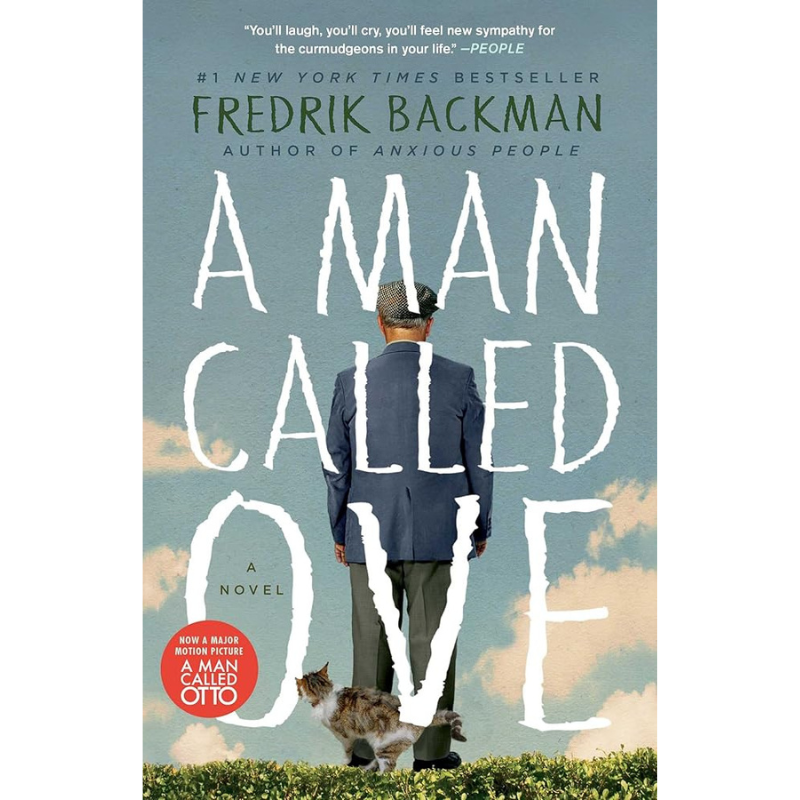 Book cover for the novel 'A Man Called Ove' by Fredrik Backman, featuring a man in a blue suit and hat seen from behind standing on a grassy hill with a cat at his side against a cloudy sky background. The title is written in large white letters.