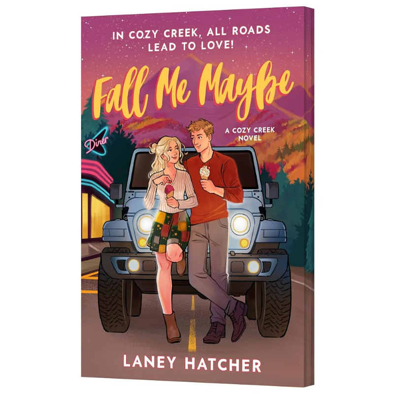 A 3D mockup of a canvas print book cover for 'Fall Me Maybe' by Laney Hatcher, featuring an illustration of a couple standing in front of a blue Jeep on a road at sunset.