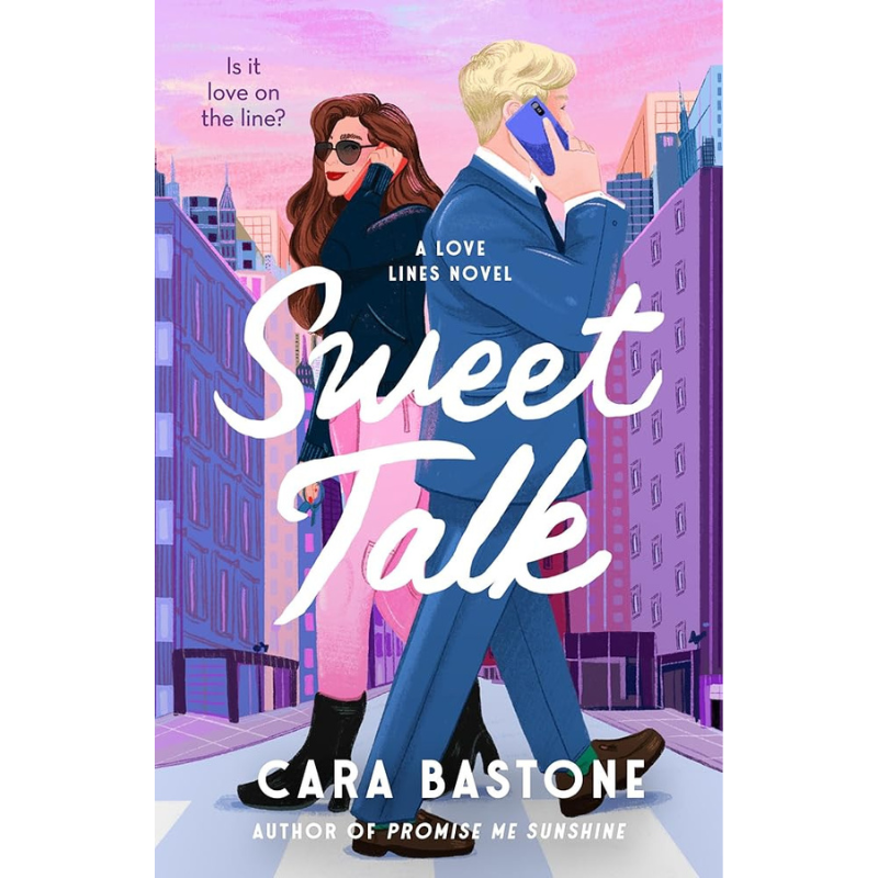Book cover for 'Sweet Talk' by Cara Bastone, featuring an illustrated couple walking down a city street at dusk with pink and purple buildings, large white title text, and the author's name at the bottom.