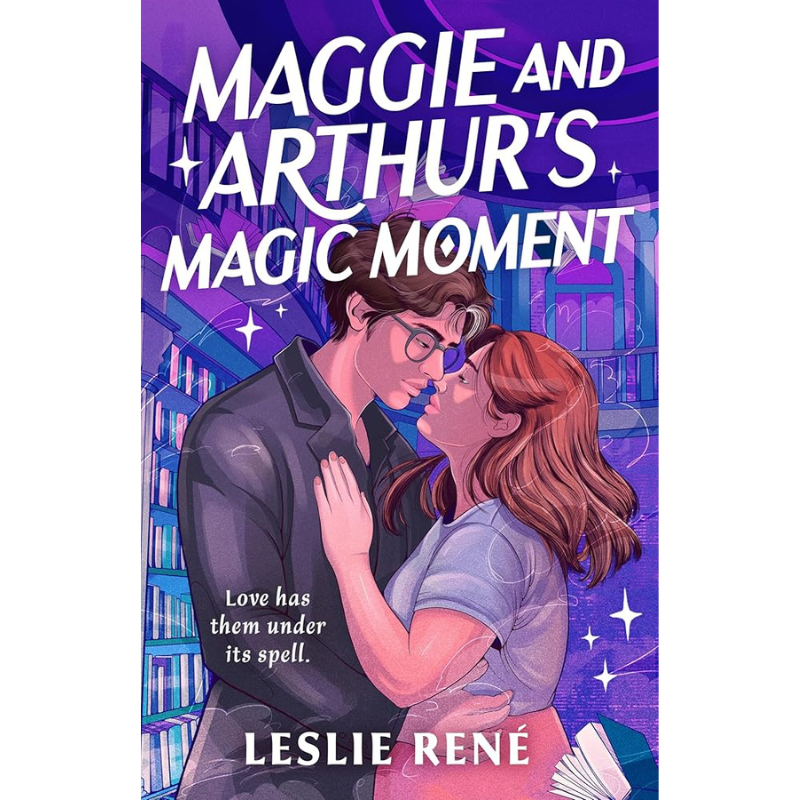 Book cover for 'Maggie and Arthur's Magic Moment' by Leslie René, featuring an illustrated couple embracing under a purple starry sky, with the title in large white text at the top.