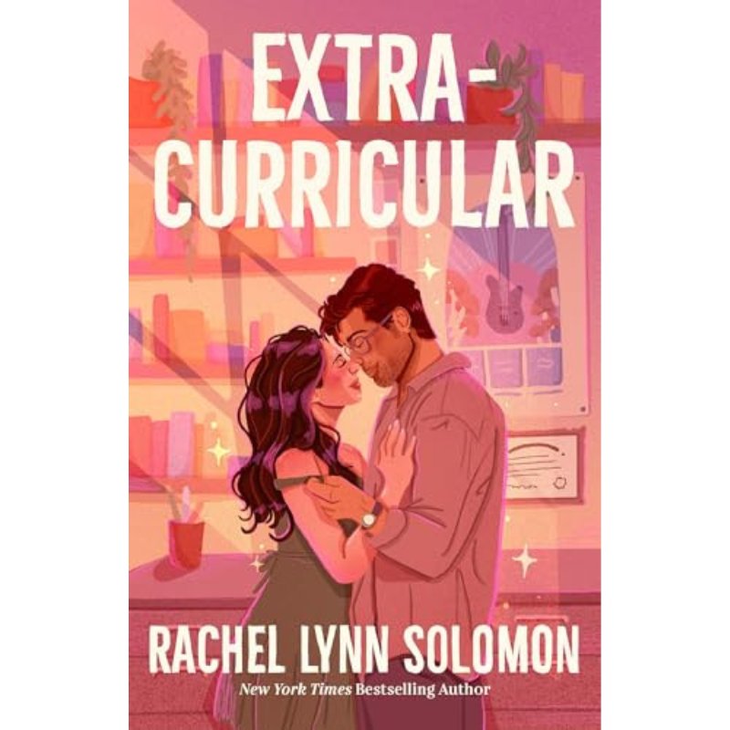 Book cover for 'Extra-Curricular' by Rachel Lynn Solomon, featuring an illustrated couple embracing in a pink-toned room with shelves and books in the background.