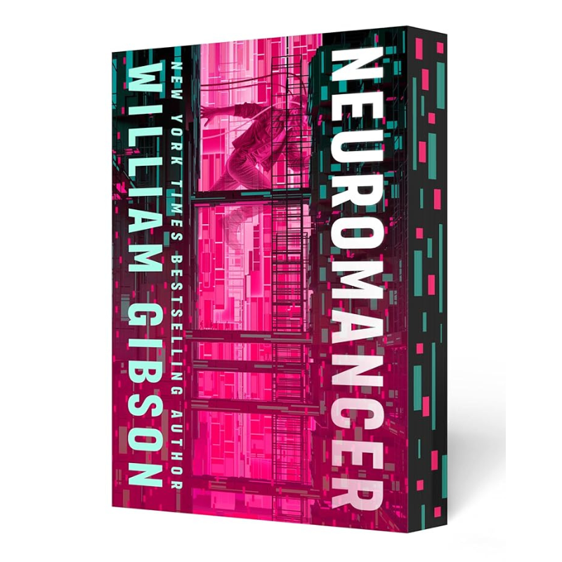Book cover for 'Neuromancer' by William Gibson, featuring a futuristic cybernetic cityscape in vivid pink, teal, and black tones, with large white title text and the author's name in teal on the spine.