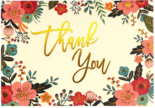 Floral border with 'Thank You' text in the center on a beige background