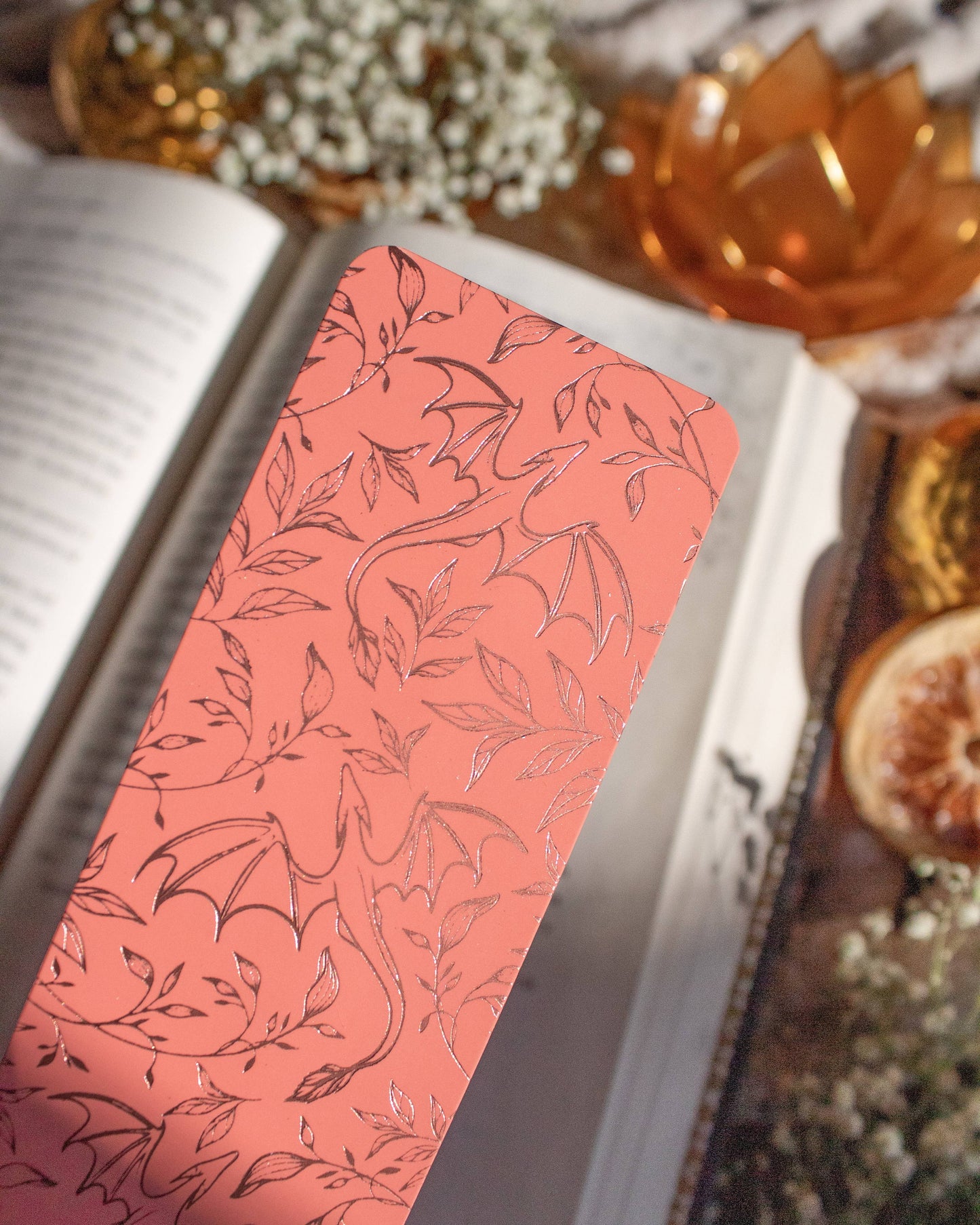 Rose Gold & Coral Floral Dragons Bookmark