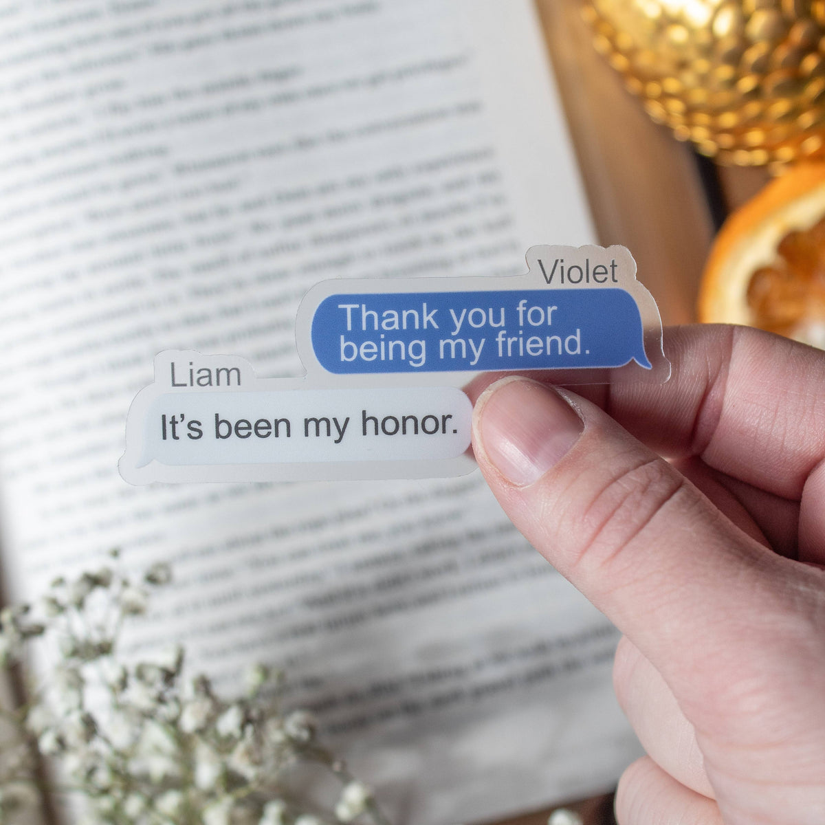 Hand holding a clear bookmark with text message on an open book with flowers and lights in the background