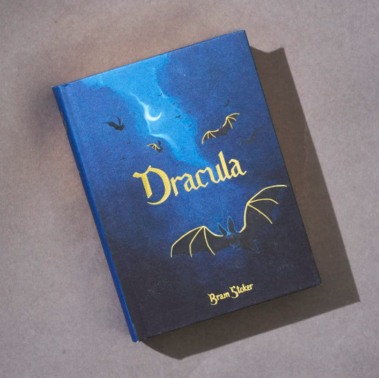 Book titled 'Dracula' with a blue cover and yellow text on a gray background