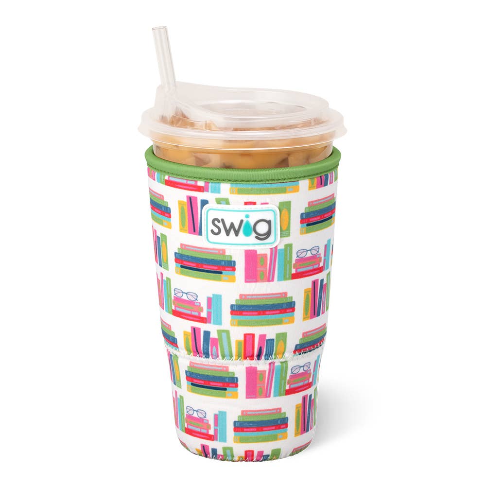 Colorful book-patterned cup with a swig sleeve on a white background