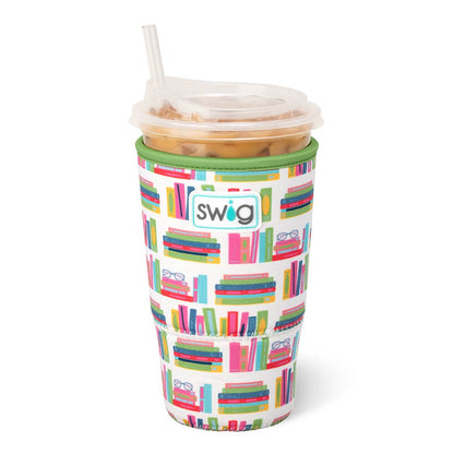 Colorful book-patterned cup with a swig sleeve on a white background