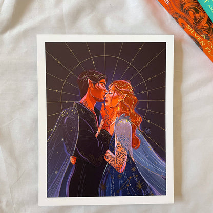 Illustration of a couple embracing with starry background on a white surface