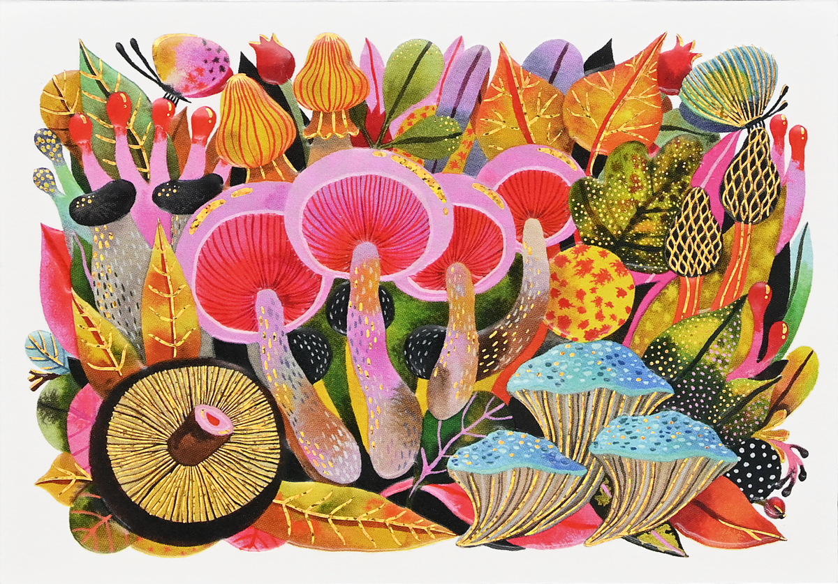 Colorful illustration of mushrooms and leaves on a white background