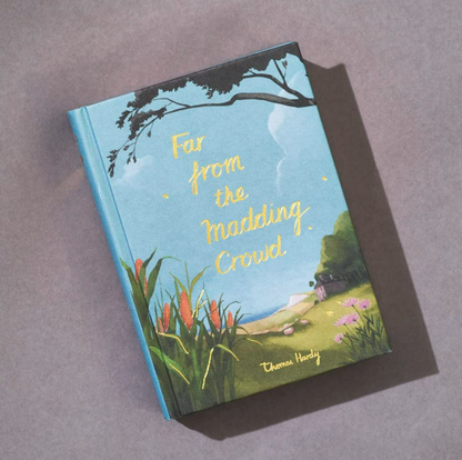 Book titled 'Far from the Madding Crowd' with a scenic cover on a gray background