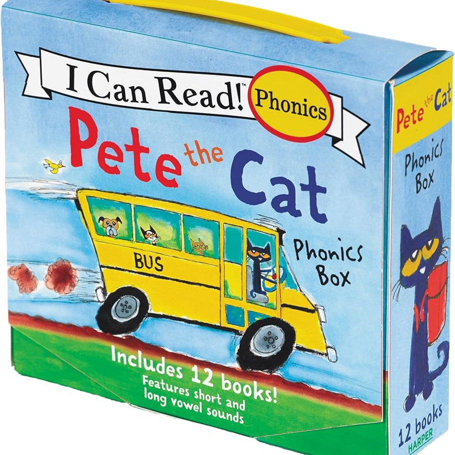 Pete the Cat 12-Book Phonics Fun!: A Box of 12 Mini-Books Featuring Short and Long Vowel Sounds (My First I Can Read) cover image