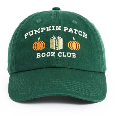 Green baseball hat with pumpkins, books, and the phrase pumpkin patch book club embroidered on it