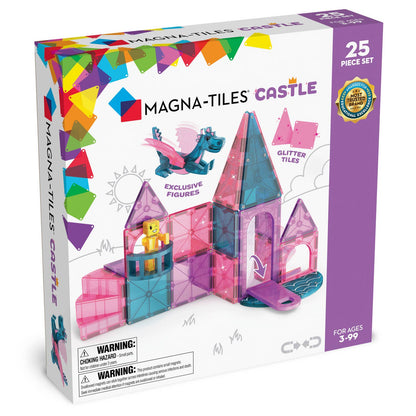 Magna-Tiles Castle 25-piece set in its retail packaging, featuring a colorful magenta and purple castle model on the box front, with age 3-99 and brand logos visible.