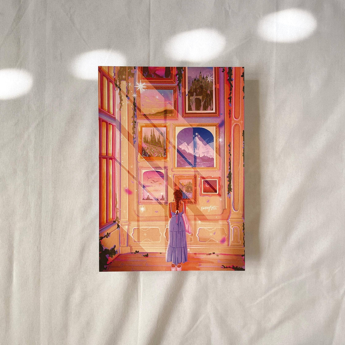Framed artwork of a woman standing in front of a door with multiple windows on a textured white background.