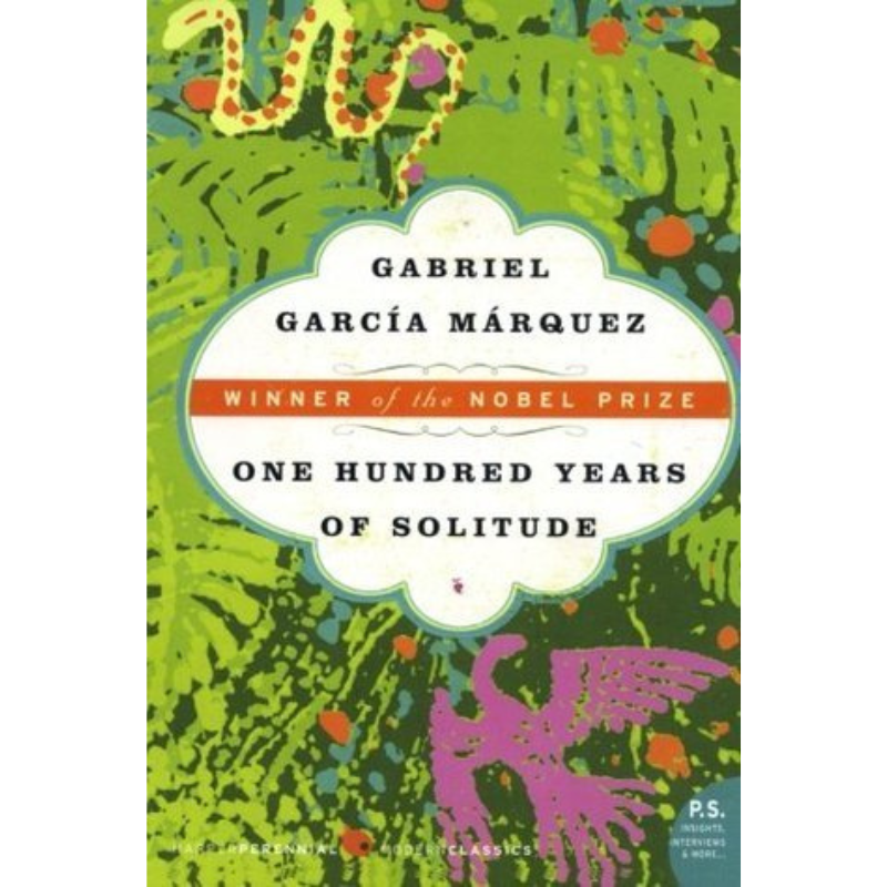 Book cover of 'One Hundred Years of Solitude' by Gabriel García Márquez, featuring a vibrant green background with a stylized snake, a purple bird, and a central white cloud-shaped title panel.