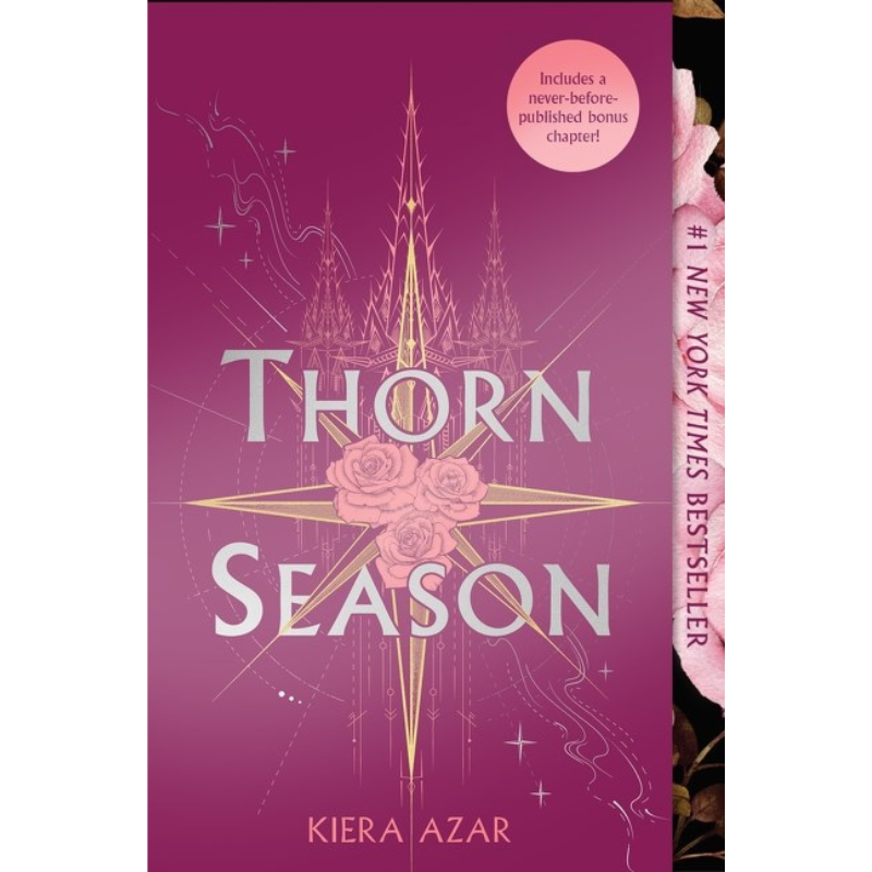 Book cover for 'Thorn Season' by Kiera Azar, featuring a magenta-purple background with gold starburst lines, pink roses, and white title text. A vertical side strip shows '#1 New York Times Bestseller' with a pink rose illustration.