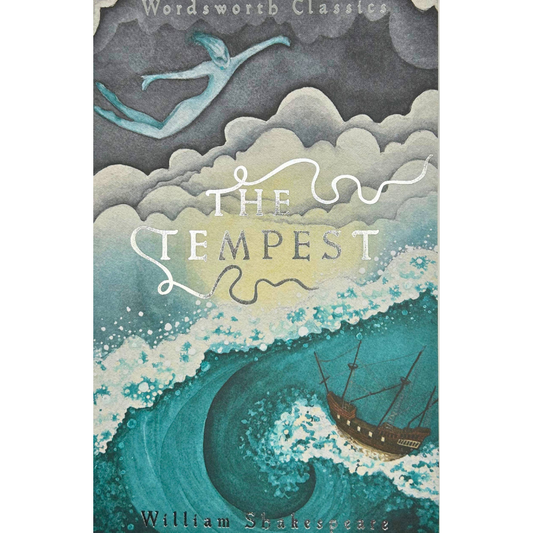 The Tempest book cover from the Wordsworth Classics series, featuring an illustration of a stormy sea with a shipwreck, waves, and a flying figure against a dark sky.