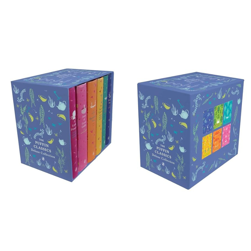 Two views of a boxed book set on a white background. The set is called Puffin Classics Master Collections, with the blue box decorated with whimsical illustrations of teacups, birds, and plants.