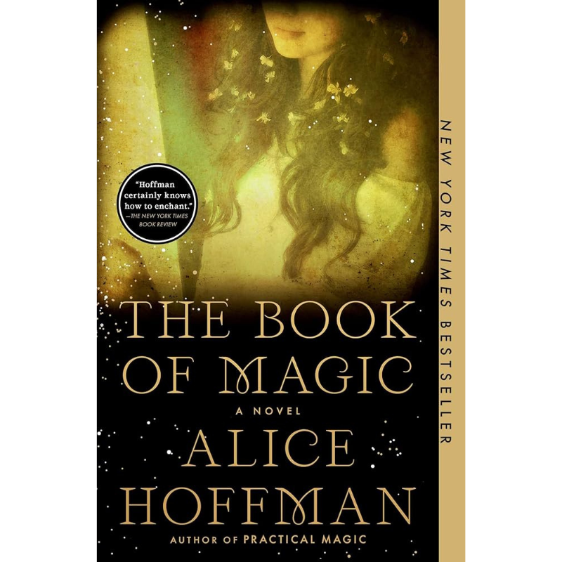 Book cover of 'The Book of Magic' by Alice Hoffman, featuring a mystical illustration of a woman with flowing hair on a dark background with gold text.