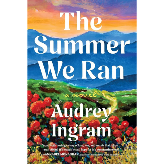 book cover featuring mountains and flowers in bold colors