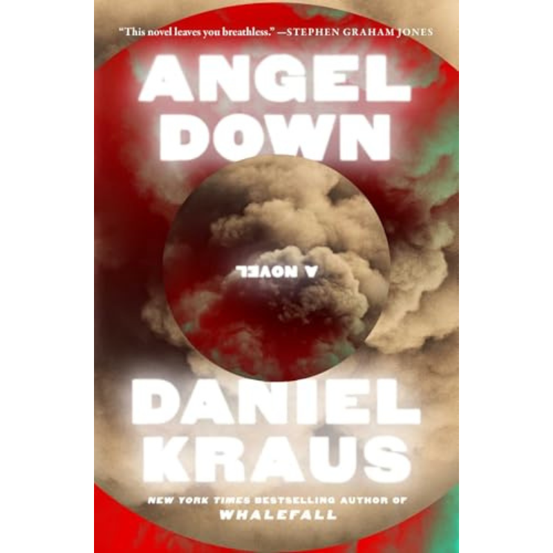 Book cover for the novel 'Angel Down' by Daniel Kraus, featuring a circular cloud-like emblem over a red and beige background with white title and author text.