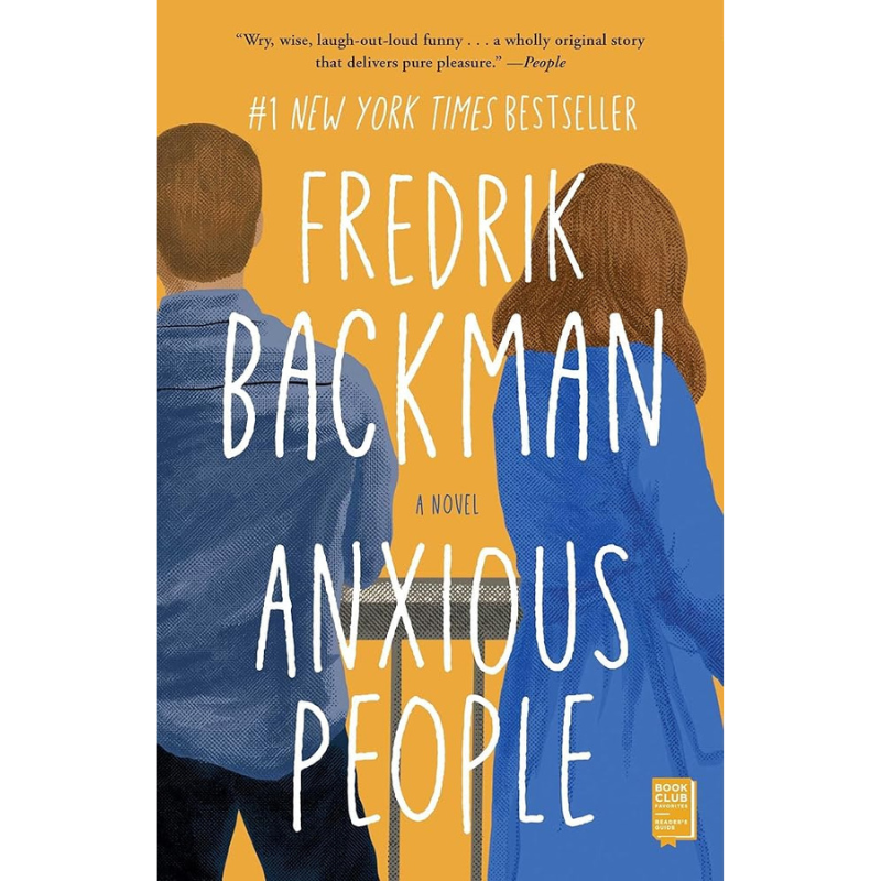 Book cover for the novel 'Anxious People' by Fredrik Backman, featuring an illustration of a man and a woman seen from behind against a mustard yellow background, with large white title text.