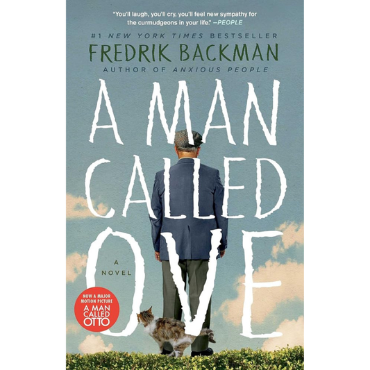 Book cover for the novel 'A Man Called Ove' by Fredrik Backman, featuring a man in a blue suit and hat seen from behind standing on a grassy hill with a cat at his side against a cloudy sky background. The title is written in large white letters.
