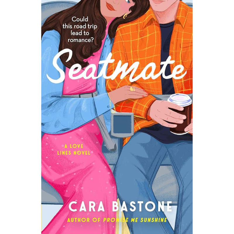 Book cover for 'Seatmate' by Cara Bastone, featuring an illustrated couple sitting next to each other on a train or bus, with the title in large white script and the author's name at the bottom.