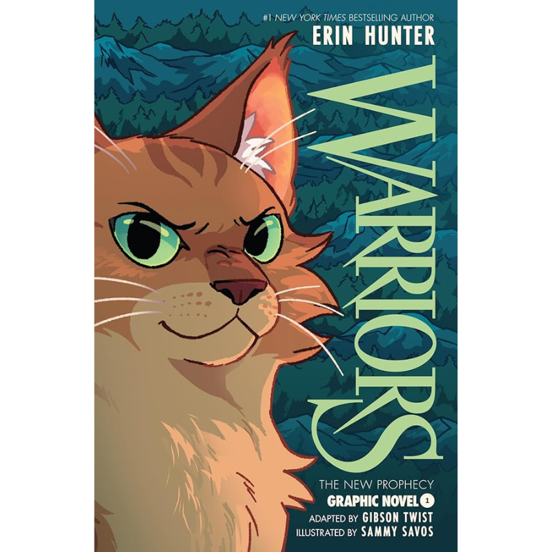 Front cover of the graphic novel Warriors: The New Prophecy, showing a stylized orange tabby cat with green eyes against a dark blue forest background, with the title 'Warriors' in large vertical letters and author Erin Hunter at the top.