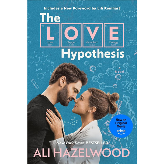 Book cover for 'The Love Hypothesis' by Ali Hazelwood, featuring a blue background with periodic-table-style lettering in the title and a couple embracing at the center.