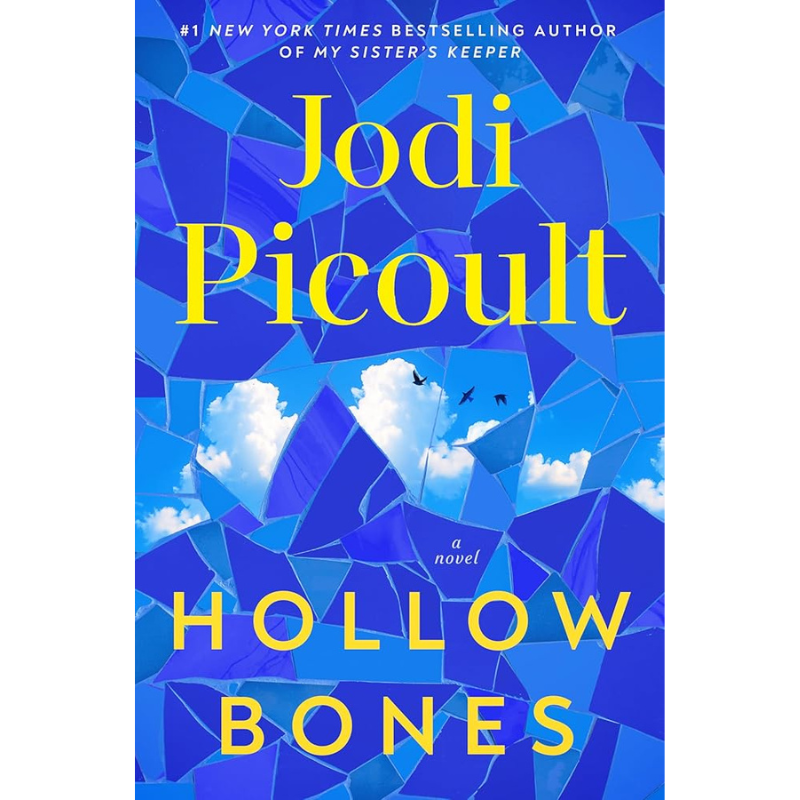 Book cover for the novel 'Hollow Bones' by Jodi Picoult, featuring a blue mosaic tile pattern with white clouds and bright yellow title text.