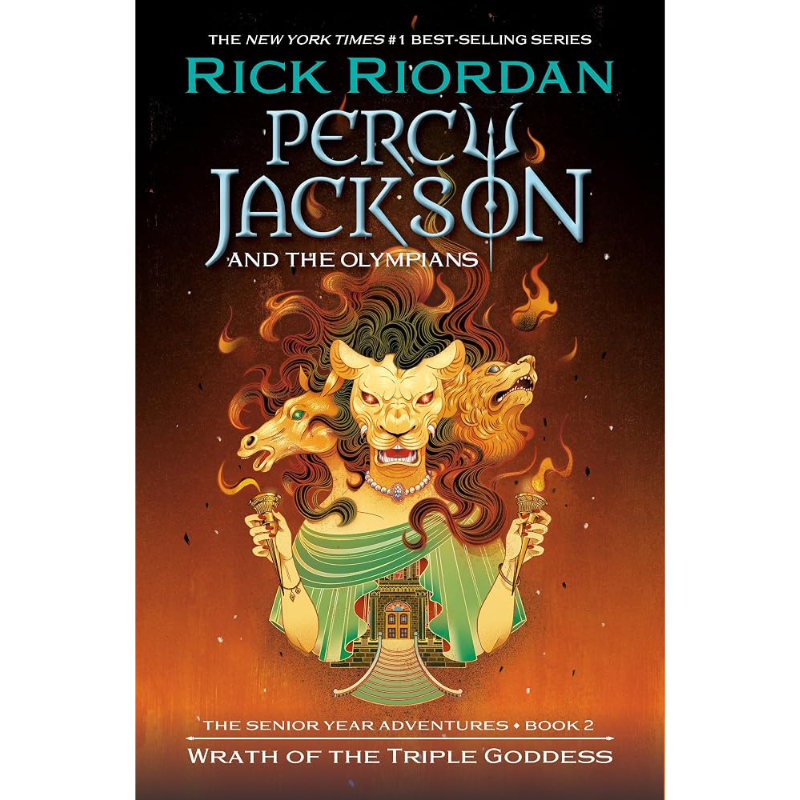 Book cover for 'Percy Jackson and the Olympians: Wrath of the Triple Goddess' by Rick Riordan, featuring a stylized illustration of a triple goddess figure with three heads and fiery hair against a dark-to-orange gradient background.
