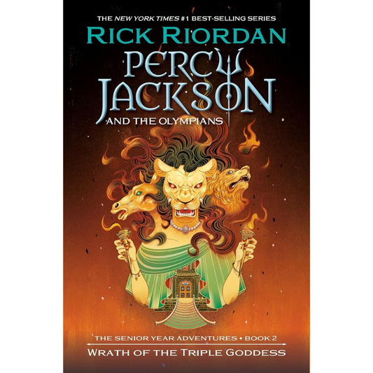 Book cover for 'Percy Jackson and the Olympians: Wrath of the Triple Goddess' by Rick Riordan, featuring a stylized illustration of a triple goddess figure with three heads and fiery hair against a dark-to-orange gradient background.