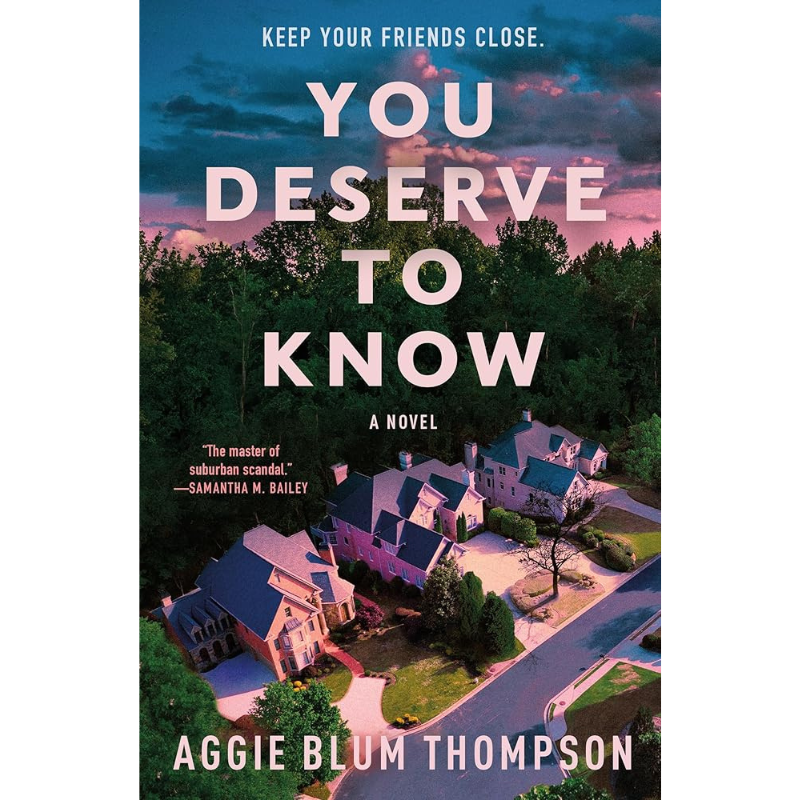 Book cover for the novel 'You Deserve to Know' by Aggie Blum Thompson, featuring a twilight aerial view of suburban houses surrounded by dense trees under a pink and blue sky.