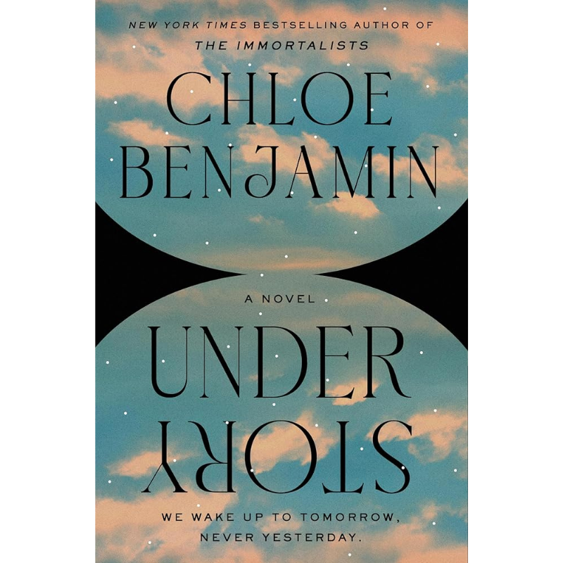 Book cover for the novel 'Under Story' by Chloe Benjamin, featuring a split design with a teal sky and clouds above and below a black horizontal band, with the title and author name in large black serif text.