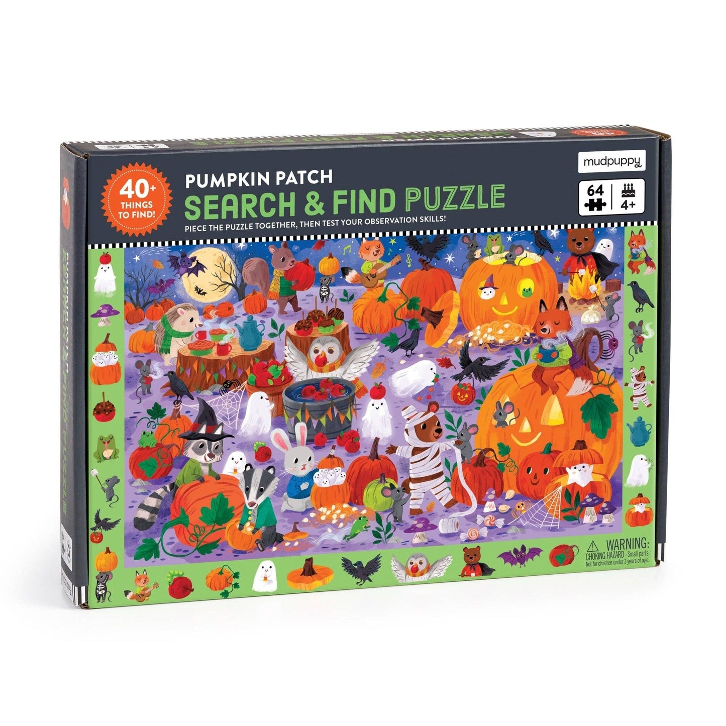 Mudpuppy Pumpkin Patch Search & Find Puzzle box, featuring a colorful Halloween-themed illustration with pumpkins, ghosts, bats, and spooky animals on a black background.