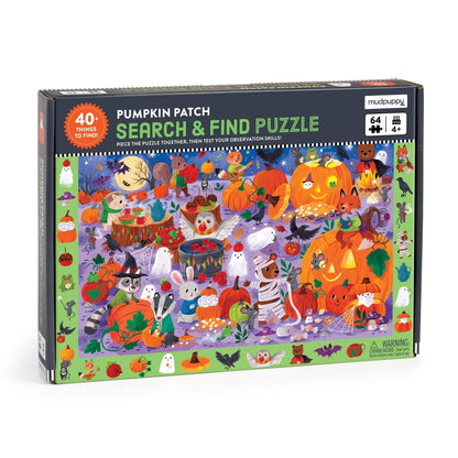 Mudpuppy Pumpkin Patch Search & Find Puzzle box, featuring a colorful Halloween-themed illustration with pumpkins, ghosts, bats, and spooky animals on a black background.