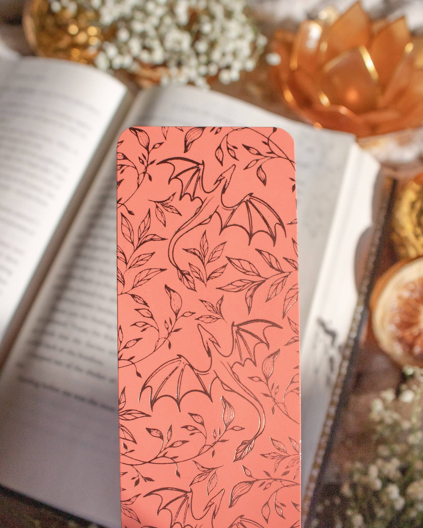 Rose Gold & Coral Floral Dragons Bookmark