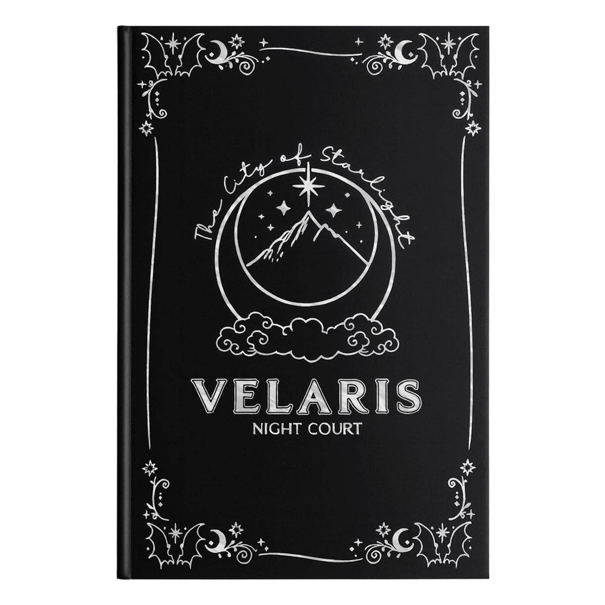 A black hardcover notebook or journal featuring a white celestial design with a moon, stars, mountain, and clouds, with the text 'VELARIS NIGHT COURT' printed on the front.
